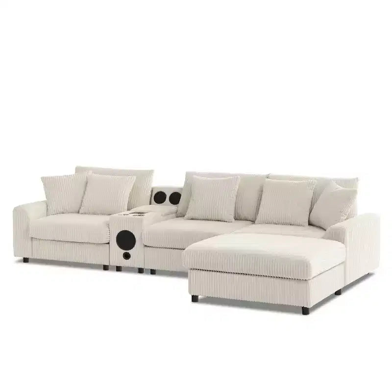 Canapé d'angle en velours côtelé de 290 cm avec haut-parleurs Bluetooth, chargeur USB, porte-gobelets et pouf - ModernLuxe