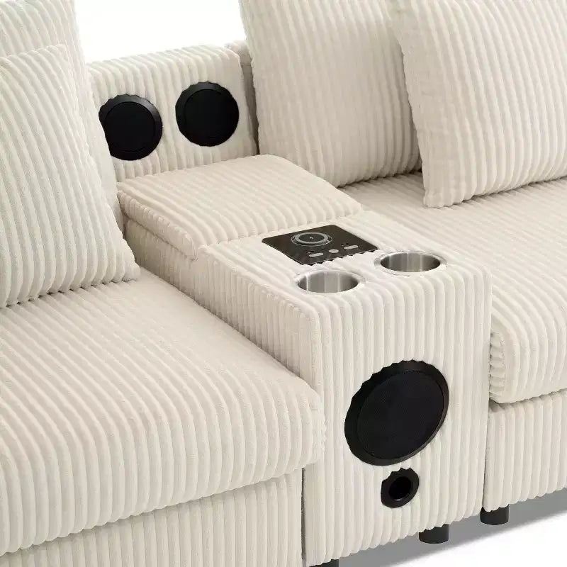 Canapé d'angle en velours côtelé de 290 cm avec haut-parleurs Bluetooth, chargeur USB, porte-gobelets et pouf - ModernLuxe