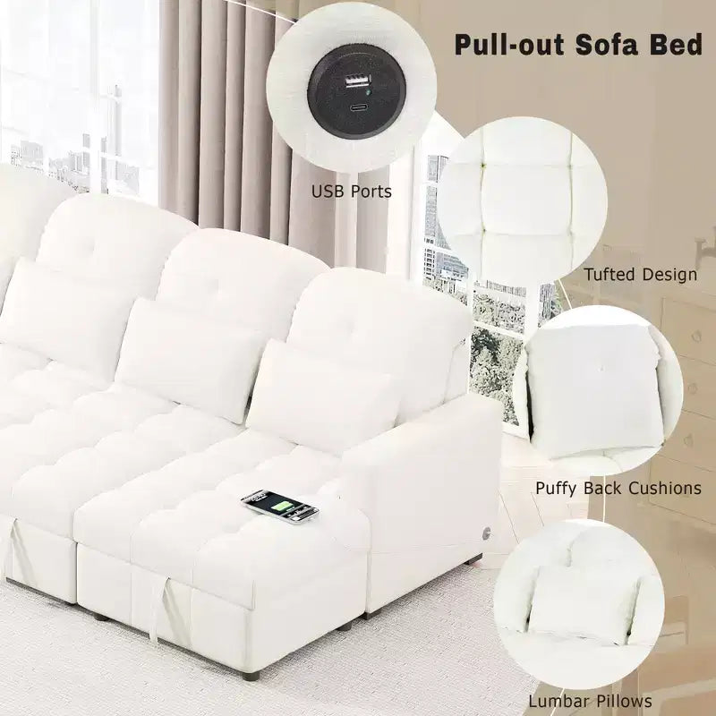 Canapé d'angle surdimensionné en U de 110,2 W, canapé-lit escamotable avec double chaise longue de rangement et 2 ports USB - ModernLuxe