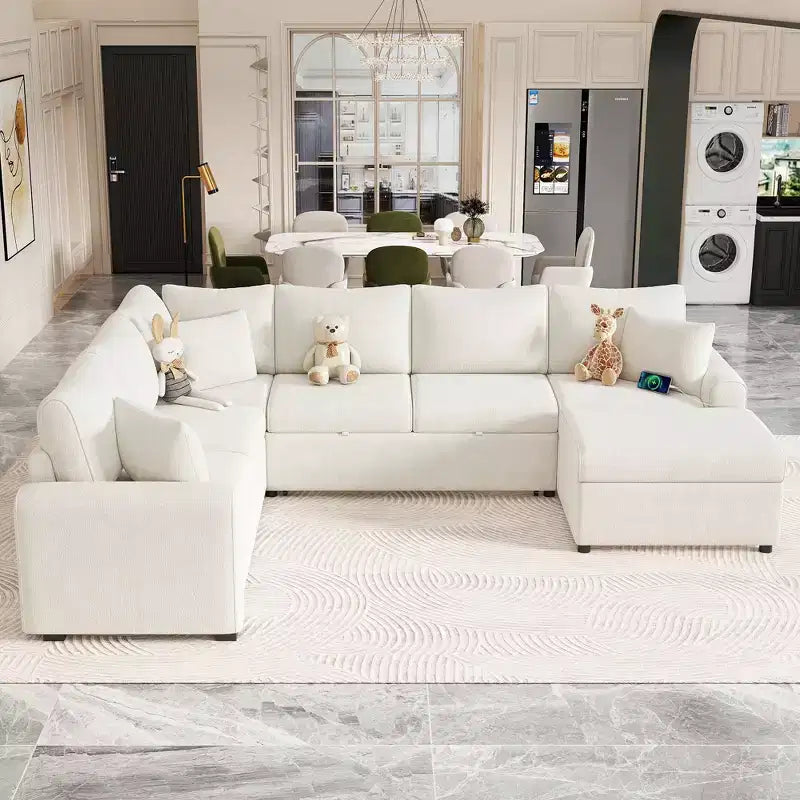 Canapé d'angle moderne Whisen 112 convertible avec pouf de rangement, trois oreillers, dispositifs de chargement
