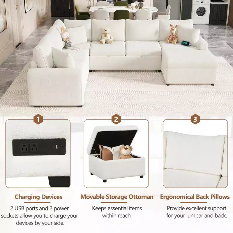 Canapé d'angle moderne Whisen 112 convertible avec pouf de rangement, trois oreillers, dispositifs de chargement