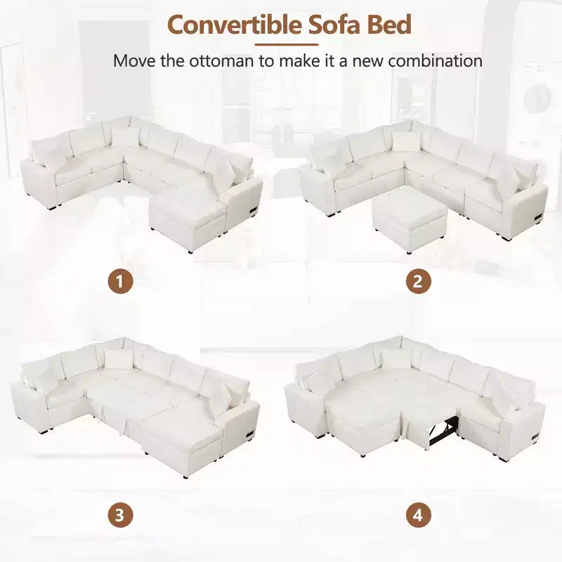 Canapé d'angle moderne Whisen 112 convertible avec pouf de rangement, trois oreillers, dispositifs de chargement