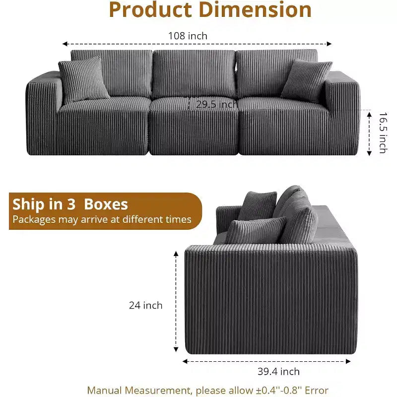 Canapé modulaire moderne linéaire 108 places avec méridienne, tissu velours côtelé, aucun assemblage requis, canapé-lit convertible à compression