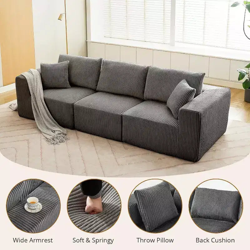 Canapé modulaire moderne linéaire 108 places avec méridienne, tissu velours côtelé, aucun assemblage requis, canapé-lit convertible à compression