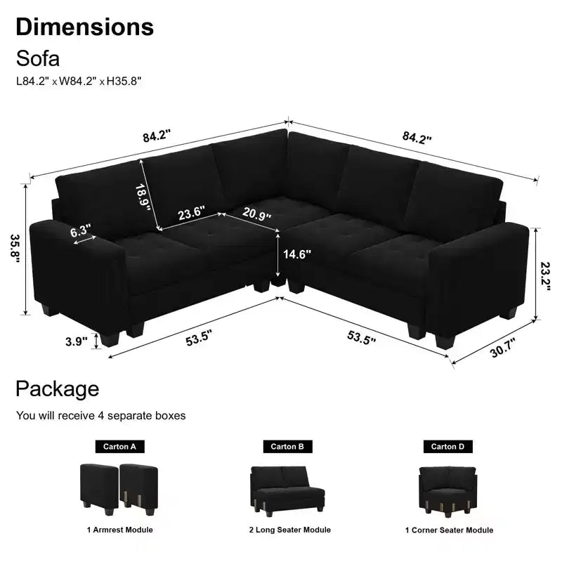 Canapé d'angle en velours capitonné modulaire en forme de L 4 places Belffin