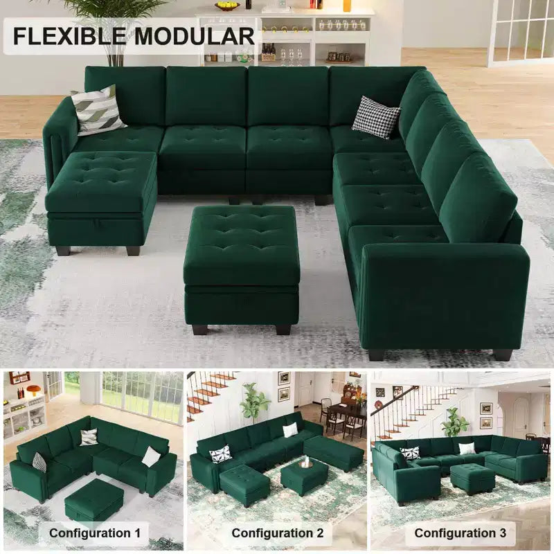 Canapé d'angle en velours capitonné modulaire en forme de L 4 places Belffin