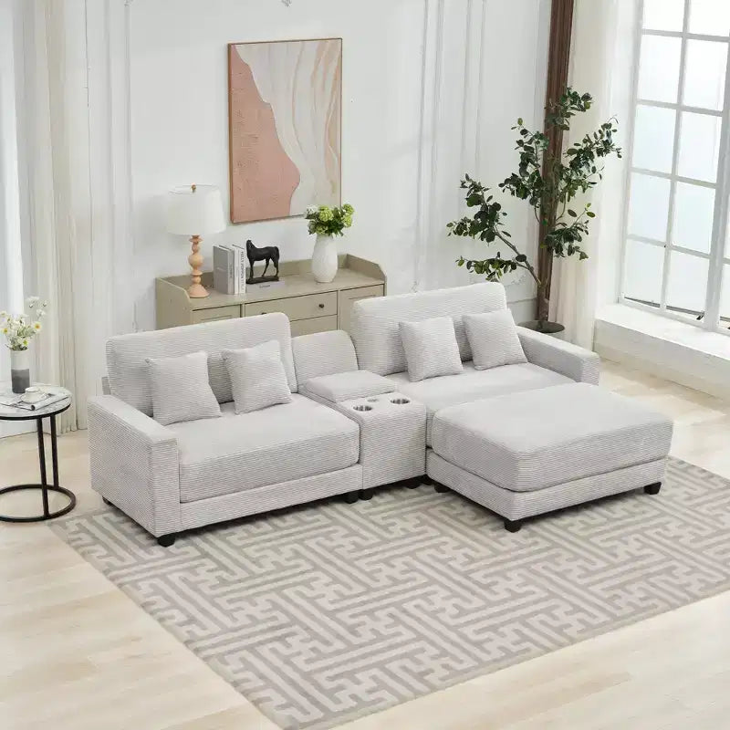 Canapé d'angle en velours côtelé surdimensionné de 284,9 cm avec pouf amovible et 4 coussins, 2 ports de charge
