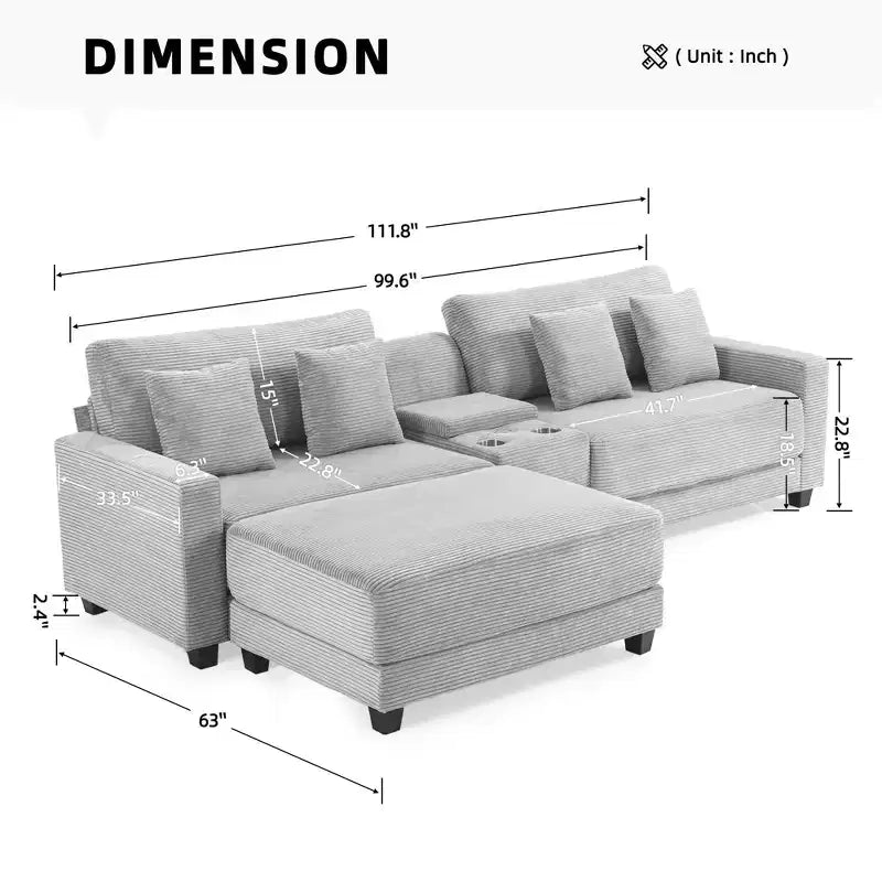 Canapé d'angle en velours côtelé surdimensionné de 284,9 cm avec pouf amovible et 4 coussins, 2 ports de charge