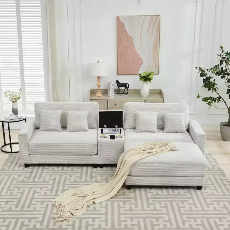 Canapé d'angle en velours côtelé surdimensionné de 284,9 cm avec pouf amovible et 4 coussins, 2 ports de charge