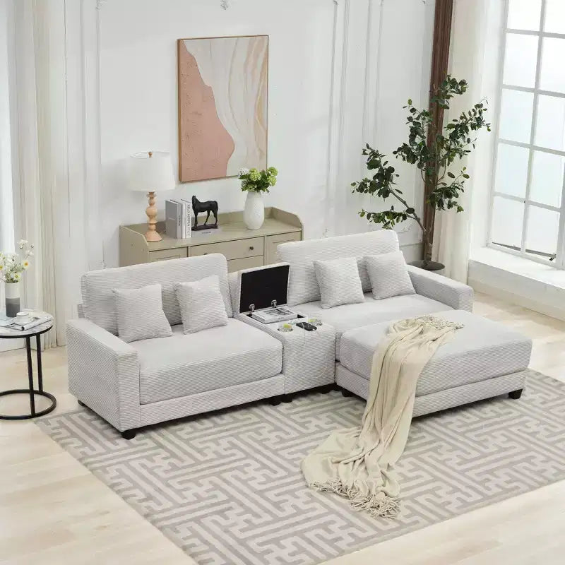 Canapé d'angle en velours côtelé surdimensionné de 284,9 cm avec pouf amovible et 4 coussins, 2 ports de charge
