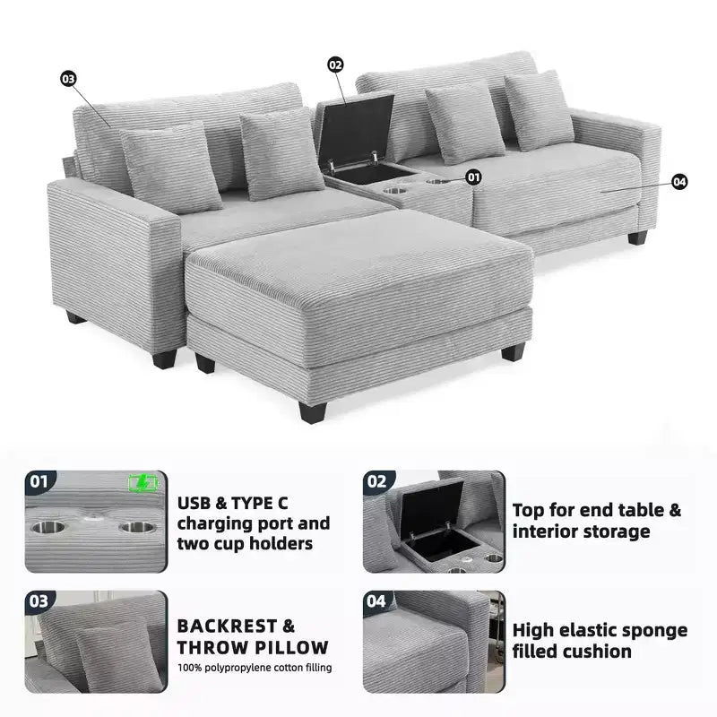 Canapé d'angle en velours côtelé surdimensionné de 284,9 cm avec pouf amovible et 4 coussins, 2 ports de charge