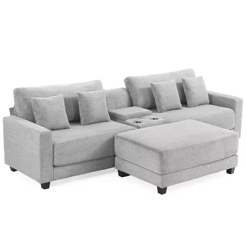 Canapé d'angle en velours côtelé surdimensionné de 284,9 cm avec pouf amovible et 4 coussins, 2 ports de charge