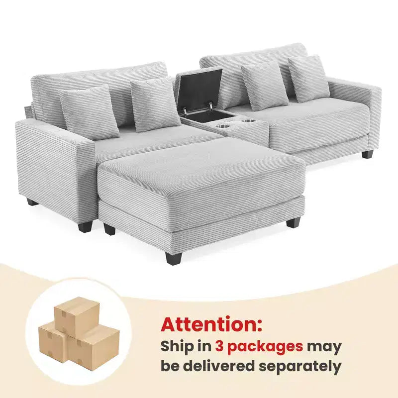 Canapé d'angle en velours côtelé surdimensionné de 284,9 cm avec pouf amovible et 4 coussins, 2 ports de charge
