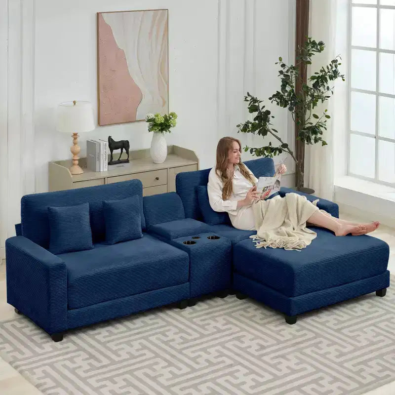 Canapé d'angle en velours côtelé surdimensionné de 284,9 cm avec pouf amovible et 4 coussins, 2 ports de charge