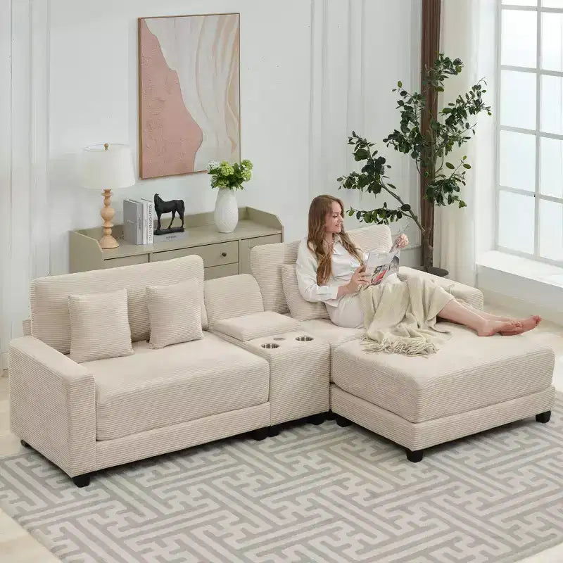 Canapé d'angle en velours côtelé surdimensionné de 284,9 cm avec pouf amovible et 4 coussins, 2 ports de charge