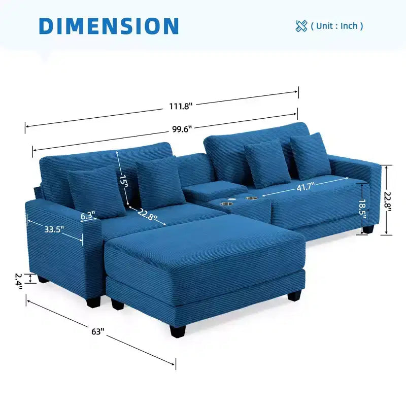 Canapé d'angle en velours côtelé surdimensionné de 284,9 cm avec pouf amovible et 4 coussins, 2 ports de charge