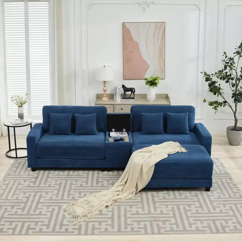 Canapé d'angle en velours côtelé surdimensionné de 284,9 cm avec pouf amovible et 4 coussins, 2 ports de charge