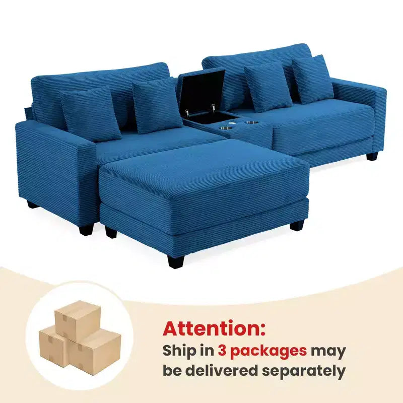 Canapé d'angle en velours côtelé surdimensionné de 284,9 cm avec pouf amovible et 4 coussins, 2 ports de charge