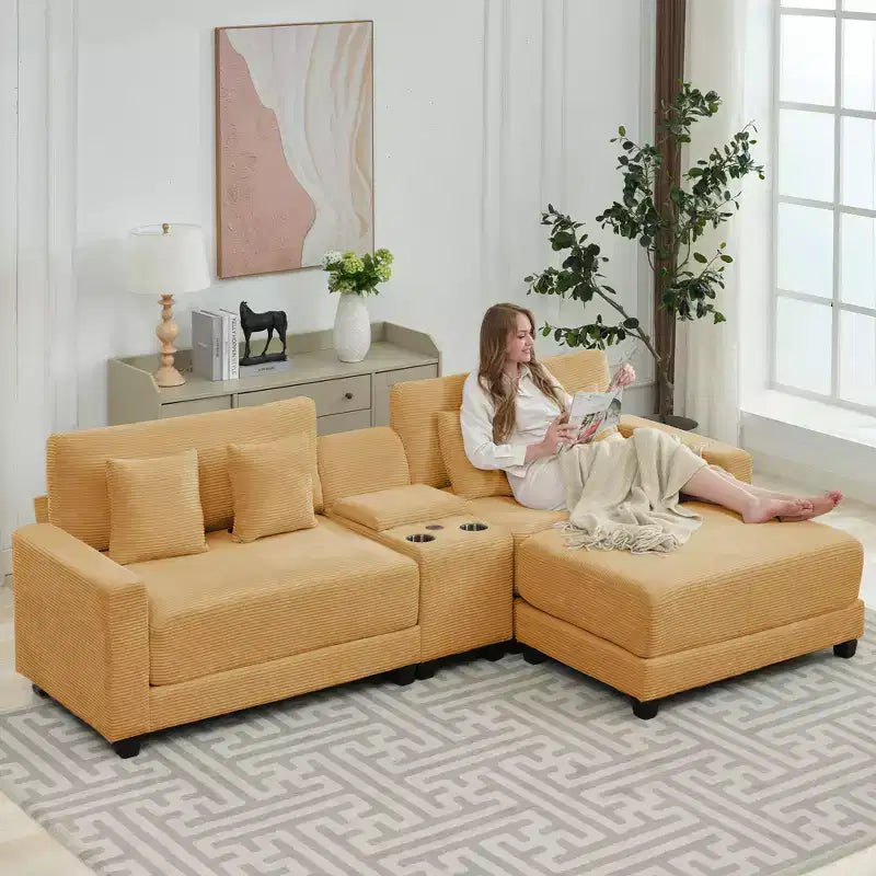 Canapé d'angle en velours côtelé surdimensionné de 284,9 cm avec pouf amovible et 4 coussins, 2 ports de charge