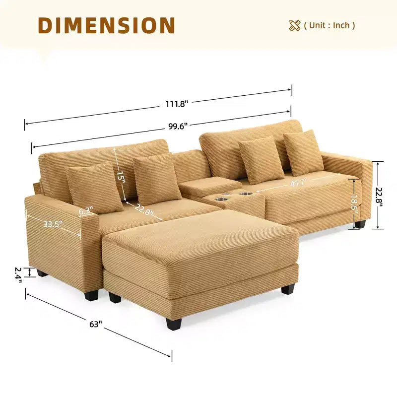 Canapé d'angle en velours côtelé surdimensionné de 284,9 cm avec pouf amovible et 4 coussins, 2 ports de charge