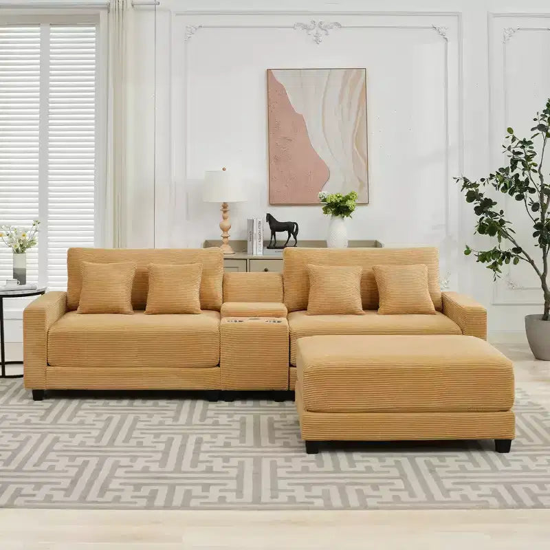 Canapé d'angle en velours côtelé surdimensionné de 284,9 cm avec pouf amovible et 4 coussins, 2 ports de charge