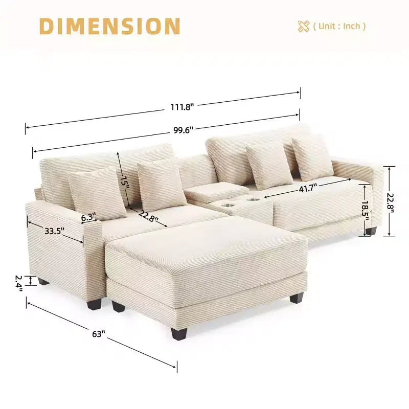 Canapé d'angle en velours côtelé surdimensionné de 284,9 cm avec pouf amovible et 4 coussins, 2 ports de charge