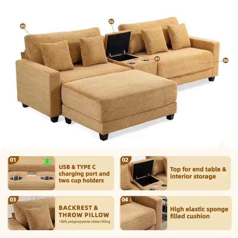 Canapé d'angle en velours côtelé surdimensionné de 284,9 cm avec pouf amovible et 4 coussins, 2 ports de charge