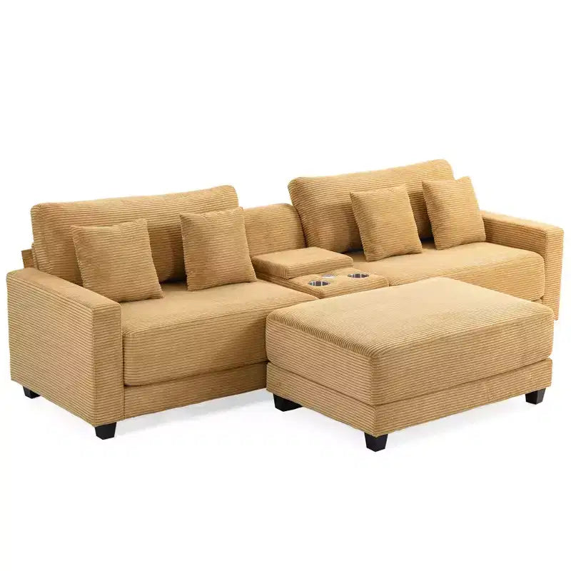 Canapé d'angle en velours côtelé surdimensionné de 284,9 cm avec pouf amovible et 4 coussins, 2 ports de charge