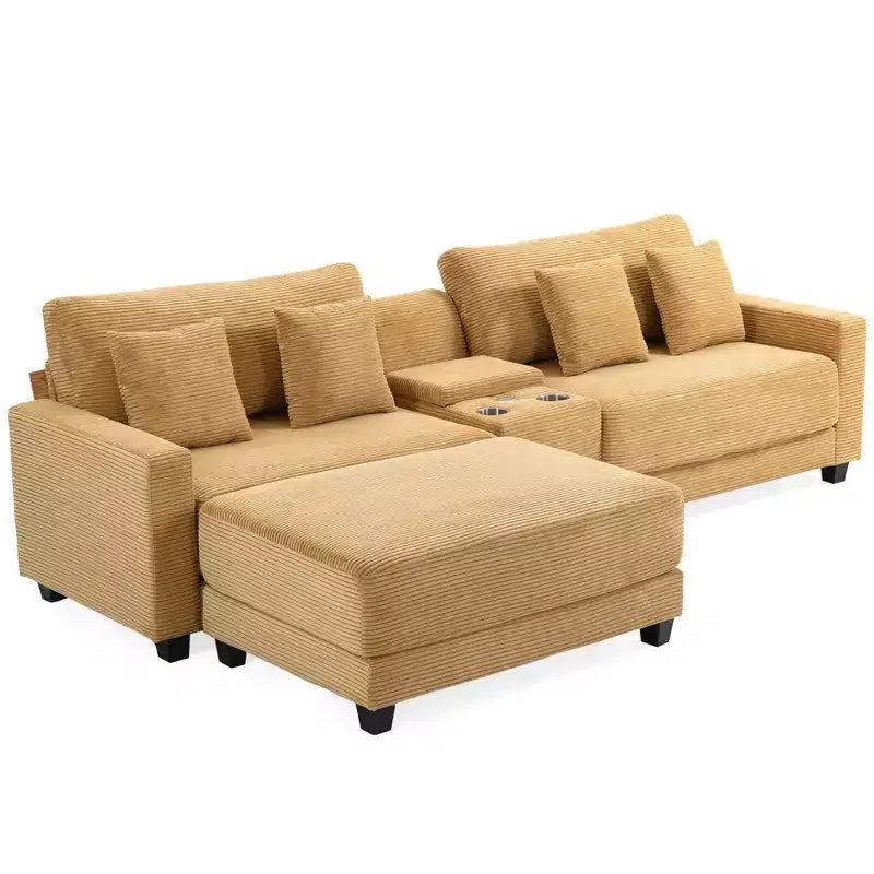 Canapé d'angle en velours côtelé surdimensionné de 284,9 cm avec pouf amovible et 4 coussins, 2 ports de charge