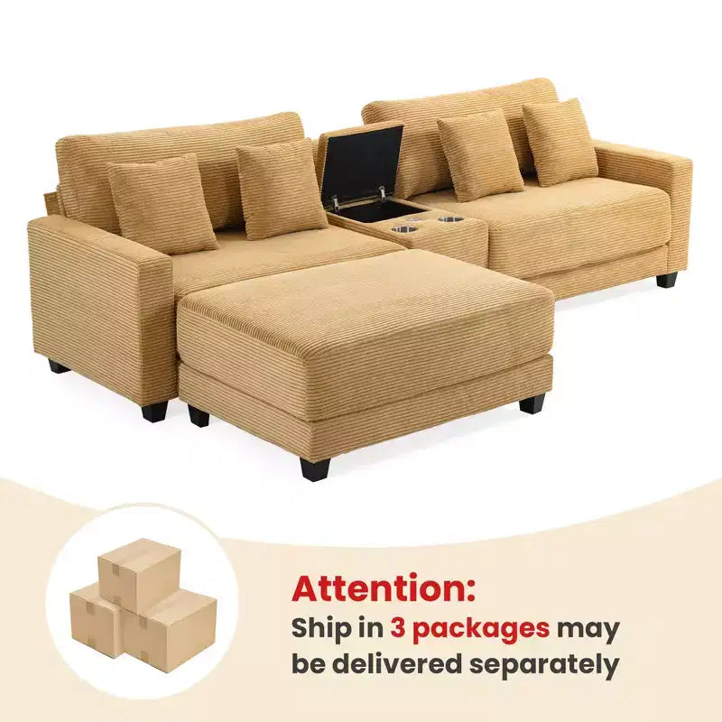 Canapé d'angle en velours côtelé surdimensionné de 284,9 cm avec pouf amovible et 4 coussins, 2 ports de charge