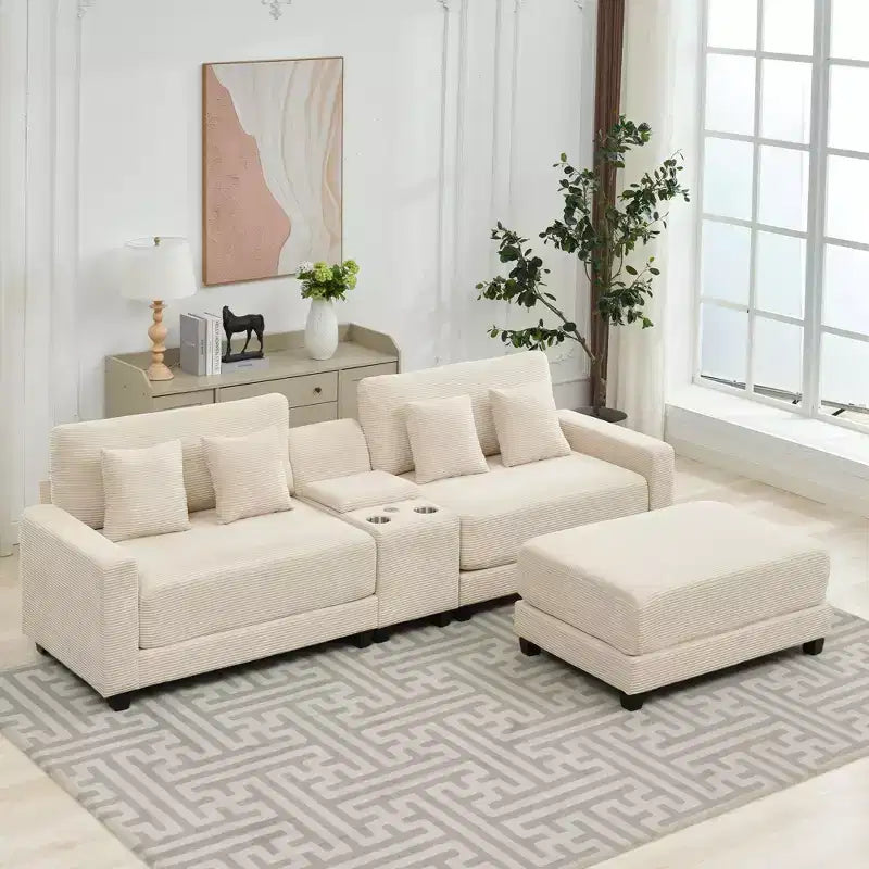 Canapé d'angle en velours côtelé surdimensionné de 284,9 cm avec pouf amovible et 4 coussins, 2 ports de charge
