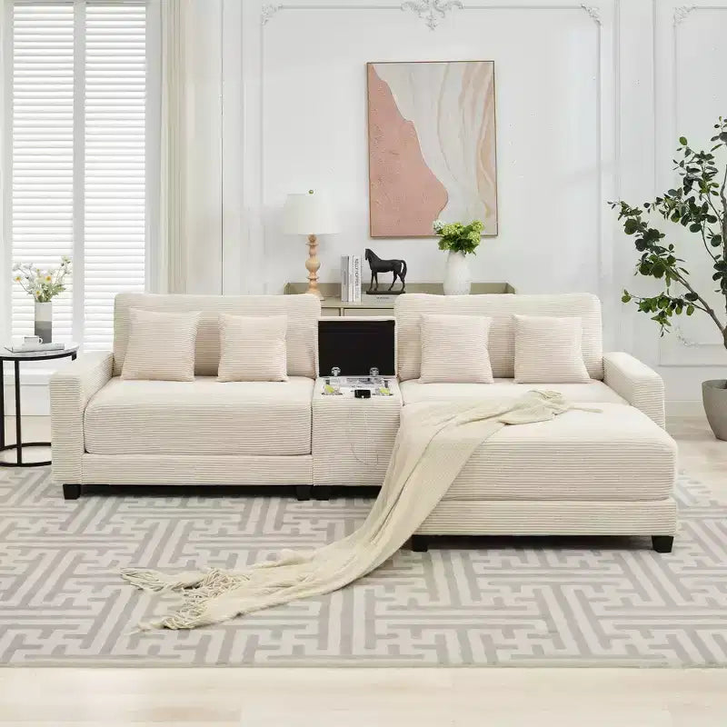 Canapé d'angle en velours côtelé surdimensionné de 284,9 cm avec pouf amovible et 4 coussins, 2 ports de charge
