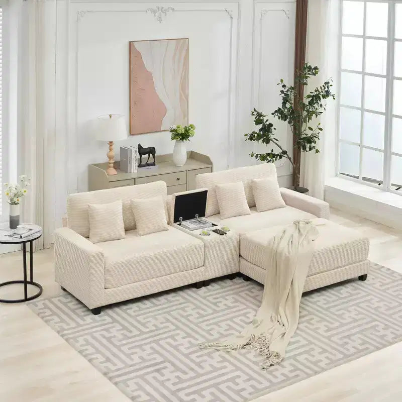 Canapé d'angle en velours côtelé surdimensionné de 284,9 cm avec pouf amovible et 4 coussins, 2 ports de charge
