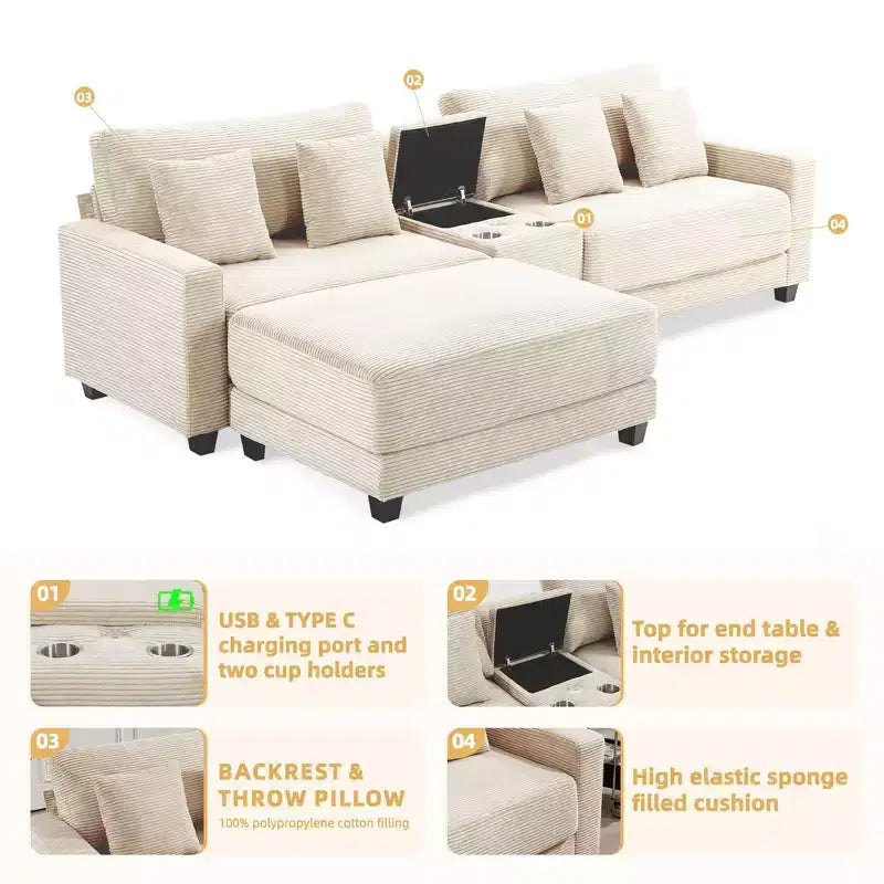 Canapé d'angle en velours côtelé surdimensionné de 284,9 cm avec pouf amovible et 4 coussins, 2 ports de charge