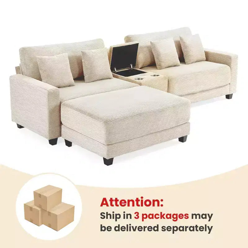 Canapé d'angle en velours côtelé surdimensionné de 284,9 cm avec pouf amovible et 4 coussins, 2 ports de charge