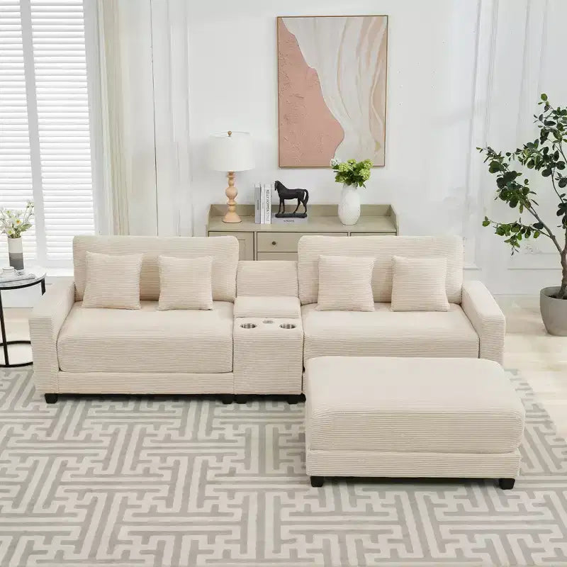 112.2'' Oversized Corduroy Sectional Sofa with a Removable Ottoman and 4 Pillows, 2 Charging Ports