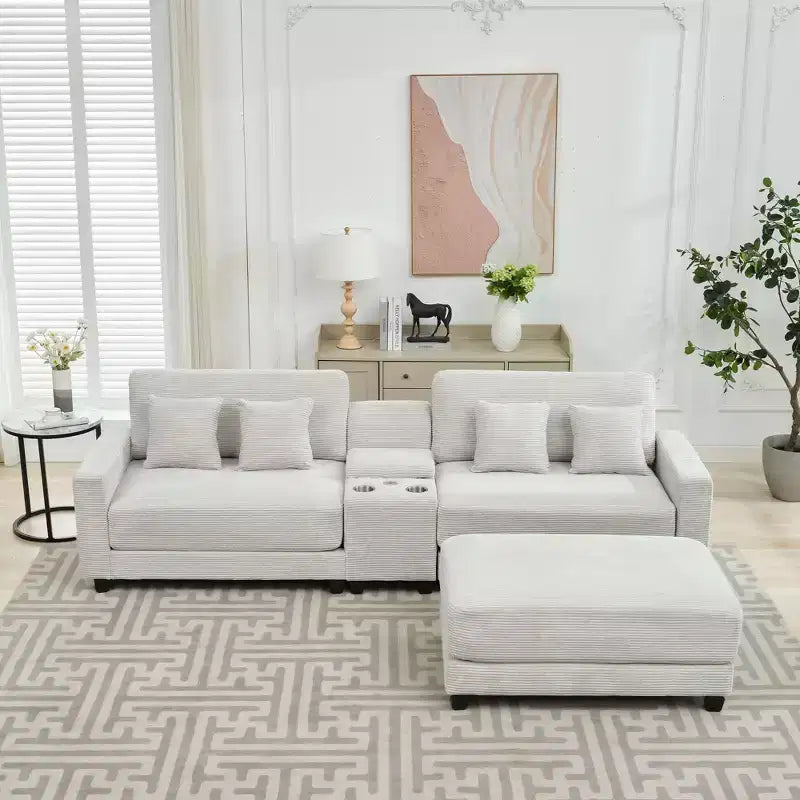 Canapé d'angle en velours côtelé surdimensionné de 284,9 cm avec pouf amovible et 4 coussins, 2 ports de charge