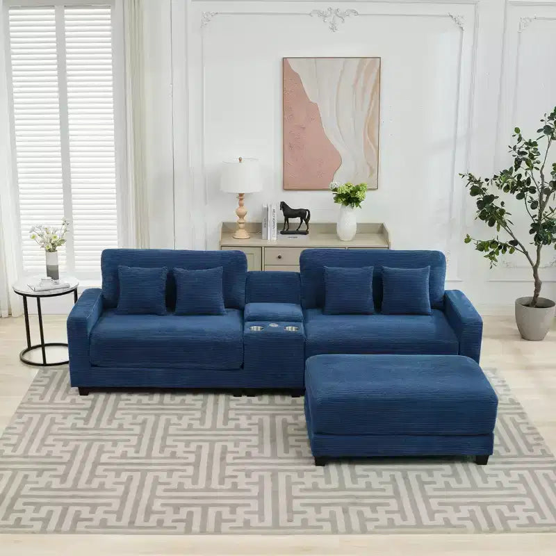 Canapé d'angle en velours côtelé surdimensionné de 284,9 cm avec pouf amovible et 4 coussins, 2 ports de charge