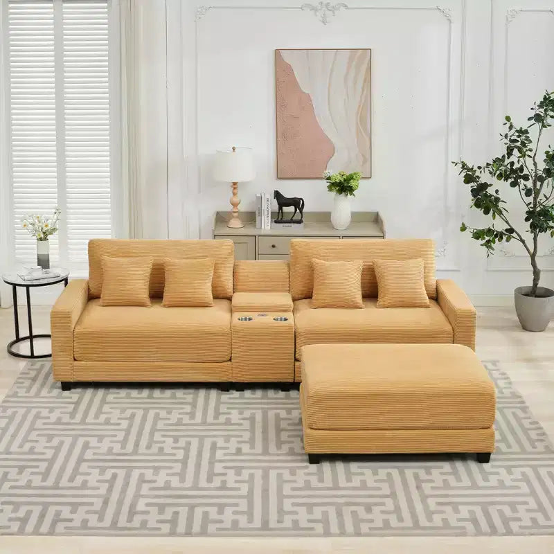 Canapé d'angle en velours côtelé surdimensionné de 284,9 cm avec pouf amovible et 4 coussins, 2 ports de charge