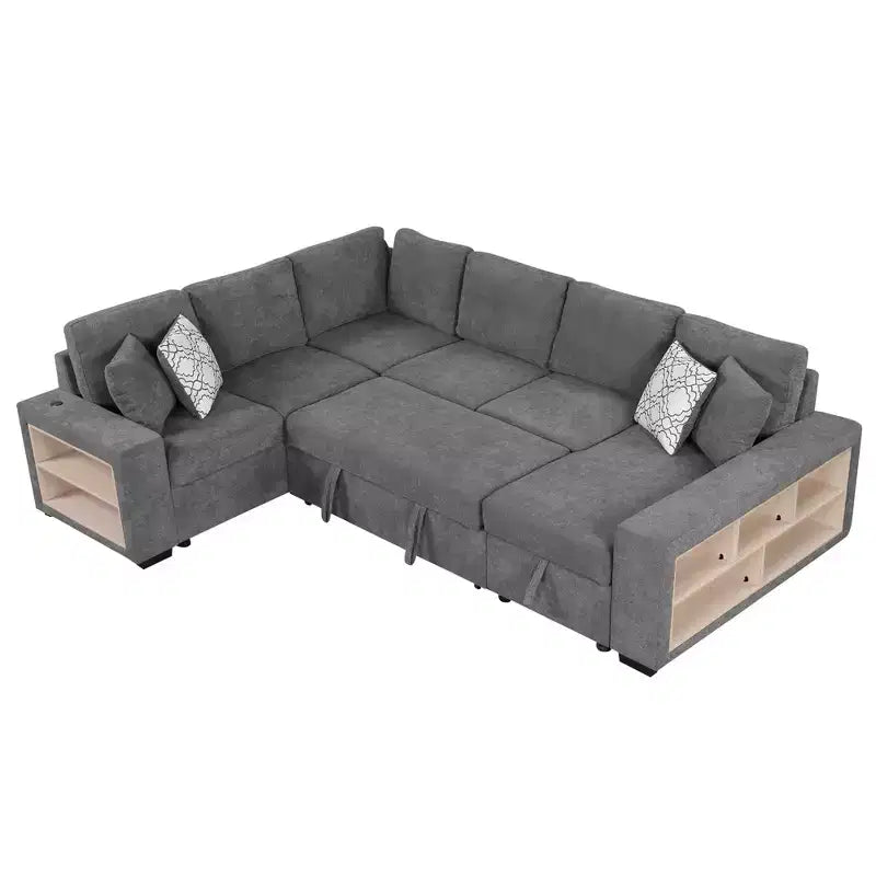 Canapé-lit d'angle en U 109 po avec ports USB, méridienne de rangement et 4 oreillers – Canapé-lit convertible pour salon