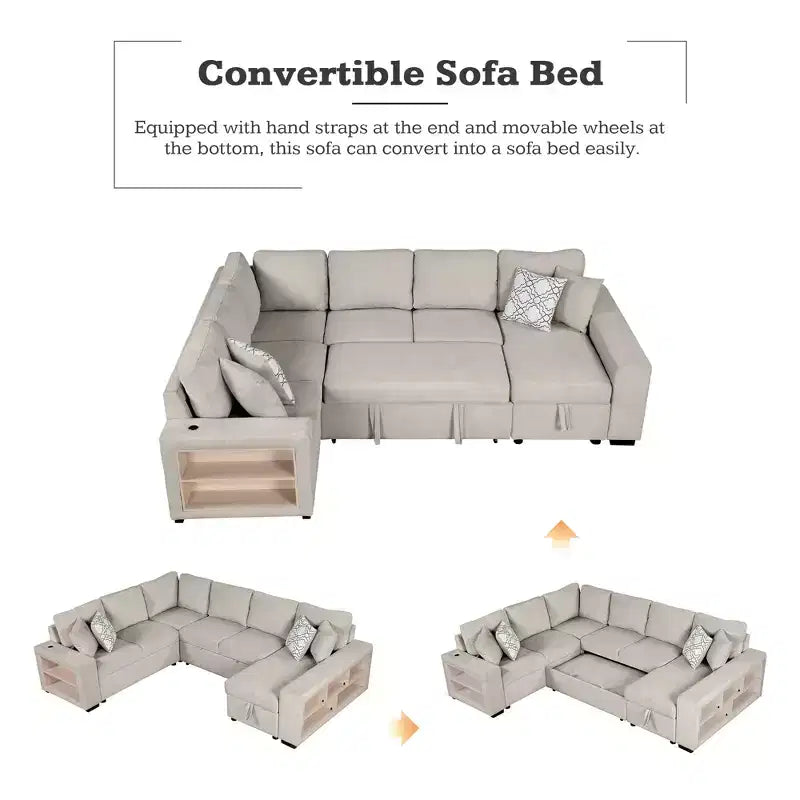 Canapé-lit d'angle en U 109 po avec ports USB, méridienne de rangement et 4 oreillers – Canapé-lit convertible pour salon
