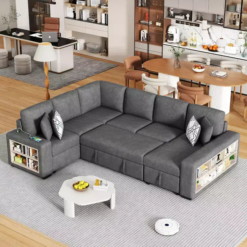 Canapé-lit d'angle en U 109 po avec ports USB, méridienne de rangement et 4 oreillers – Canapé-lit convertible pour salon