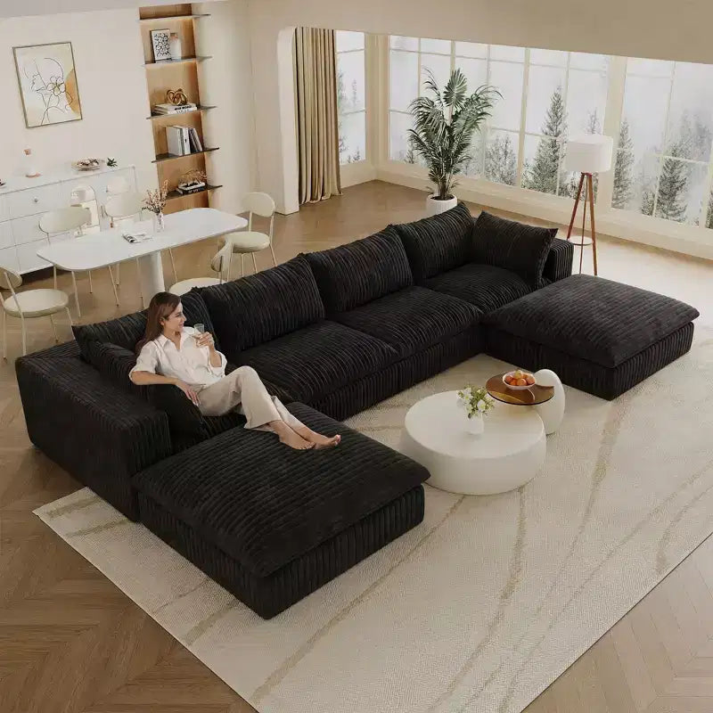 Canapé d'angle modulable en velours côtelé blanc de 4 m avec 2 poufs, grand canapé profond, design double couche, coussin amovible, aucun assemblage requis.