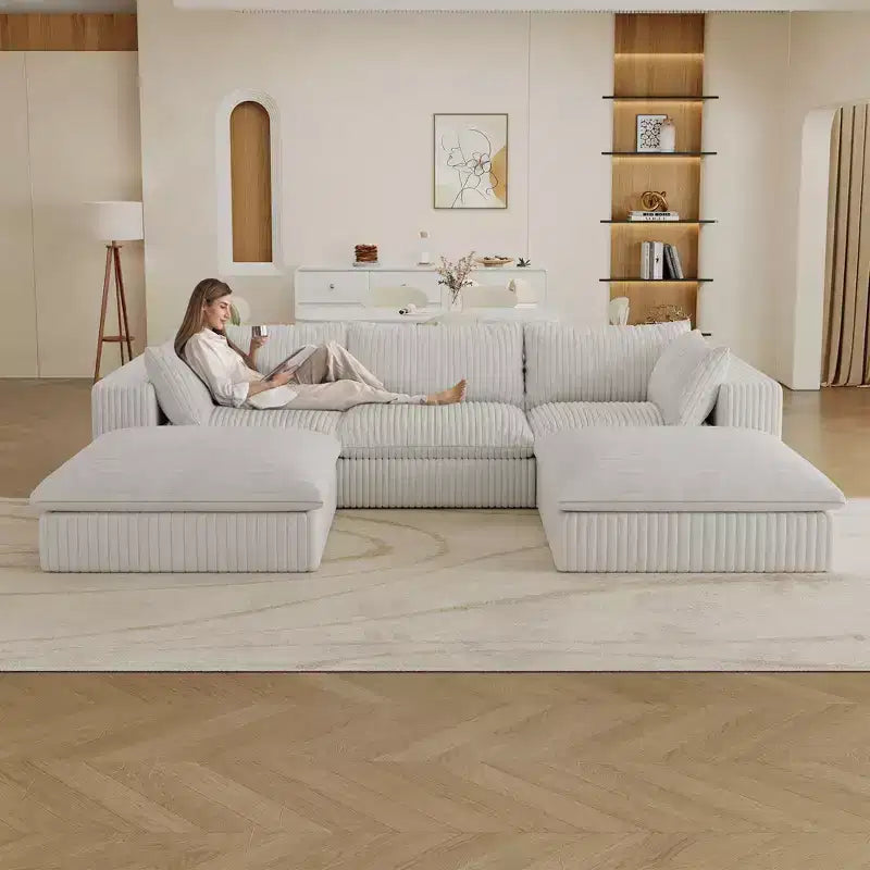 118,2 Tissu Velours Côtelé Bleu Canapé Nuage DIY Combiné avec Profondes Assises et 2 Poufs Design Double Couche Coussin Amovible Aucun Assemblage