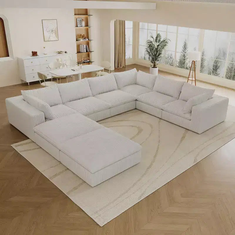 157,6 Canapé d'angle en velours côtelé blanc en forme de U avec 2 poufs, design double couche, coussin amovible, aucun assemblage requis