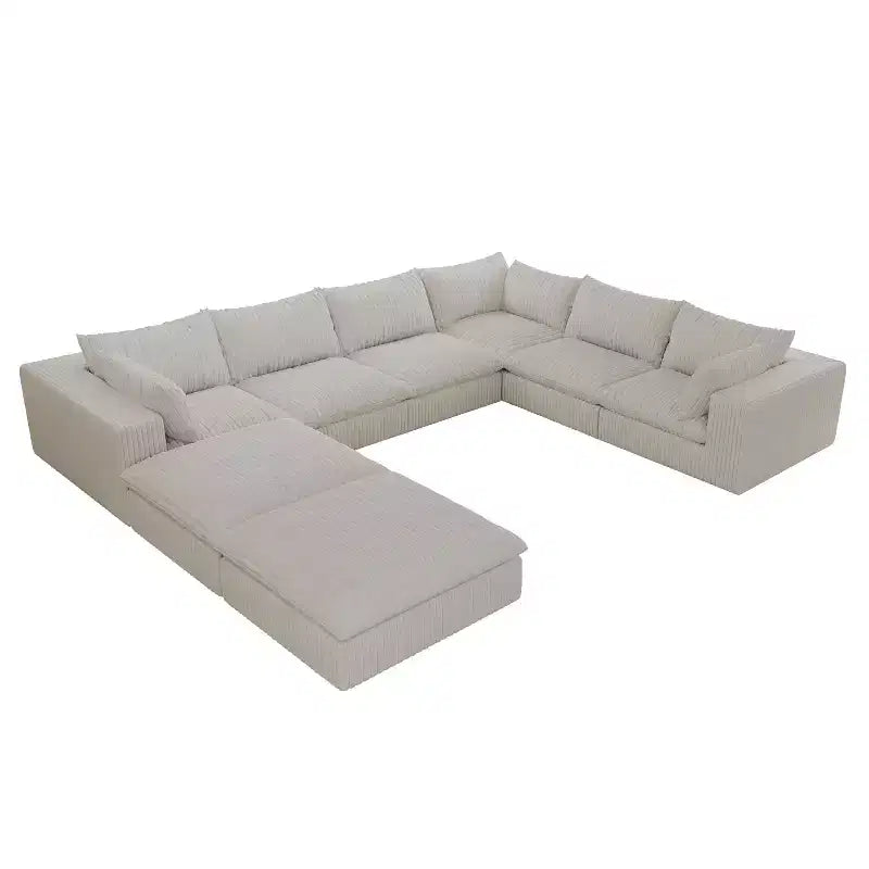 157,6 Canapé d'angle en velours côtelé blanc en forme de U avec 2 poufs, design double couche, coussin amovible, aucun assemblage requis