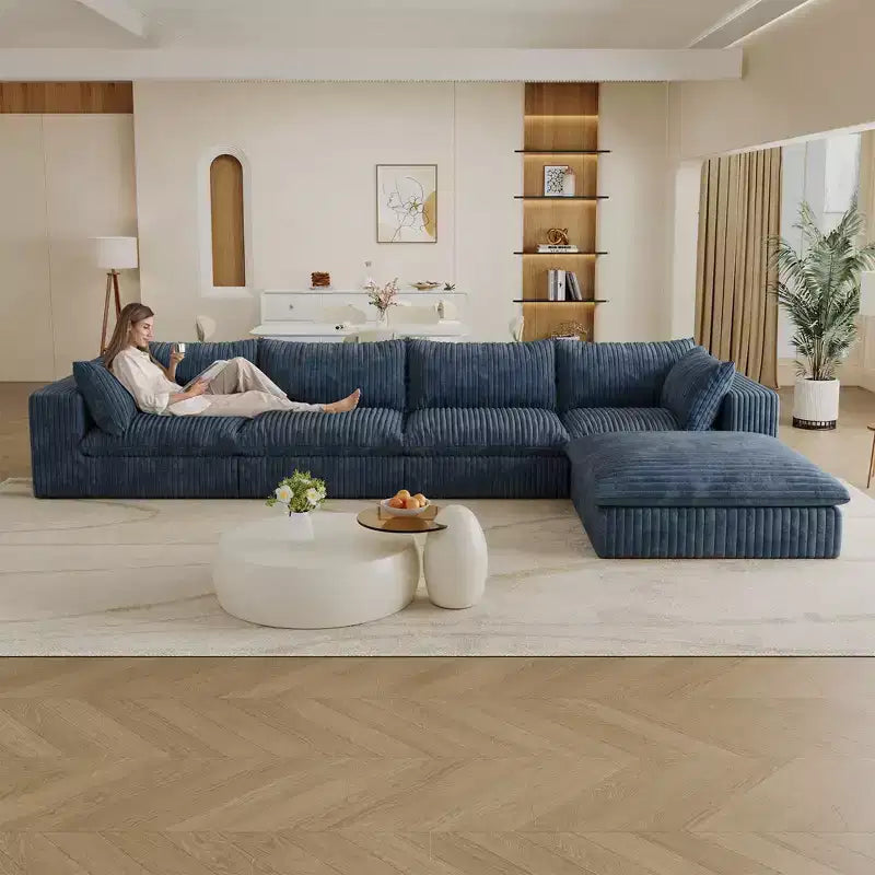 157.6 Canapé Nuage Bleu en Tissu Corduroy, Canapés Profonds avec 1 Pouf, Conception Double Couche, Coussin Amovible, Pas d'Assemblage, Combinaison DIY