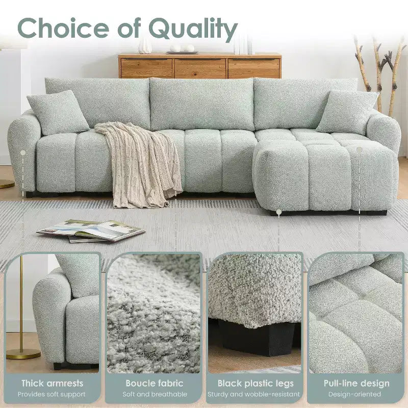 Canapé modulable en L de 110", avec assise extra-large, coussin à tirette, pouf et revêtement en tissu bouclé, 4 places