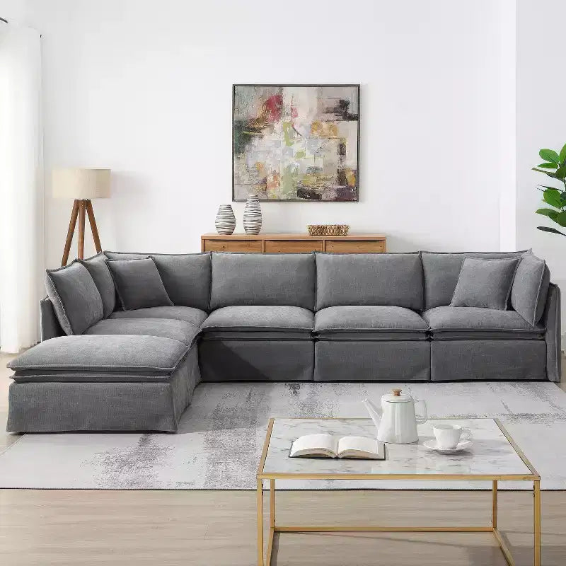Canapé sectionnel modulaire en chenille 6 places de 125,5'', assise large avec pouf mobile, canapé surdimensionné pour salon ou appartement