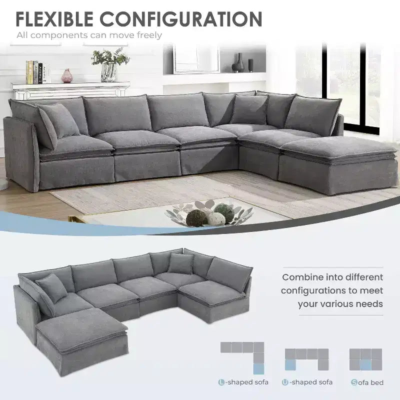 Canapé sectionnel modulaire en chenille 6 places de 125,5'', assise large avec pouf mobile, canapé surdimensionné pour salon ou appartement